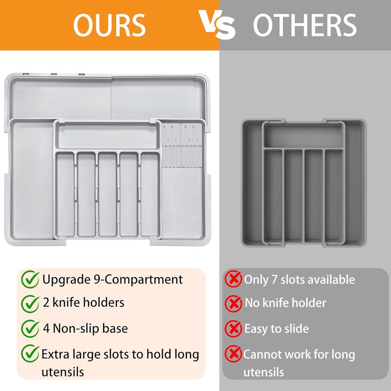 Homecor Silverware Drawer Organizer for Kitchen, Adjustable Utensil Drawer Organizer with 2 Knife Block, BPA Free Flatware and Cutlery Holder, Expandable Plastic Storage for Spoons Forks Knives(Grey) - Image 3